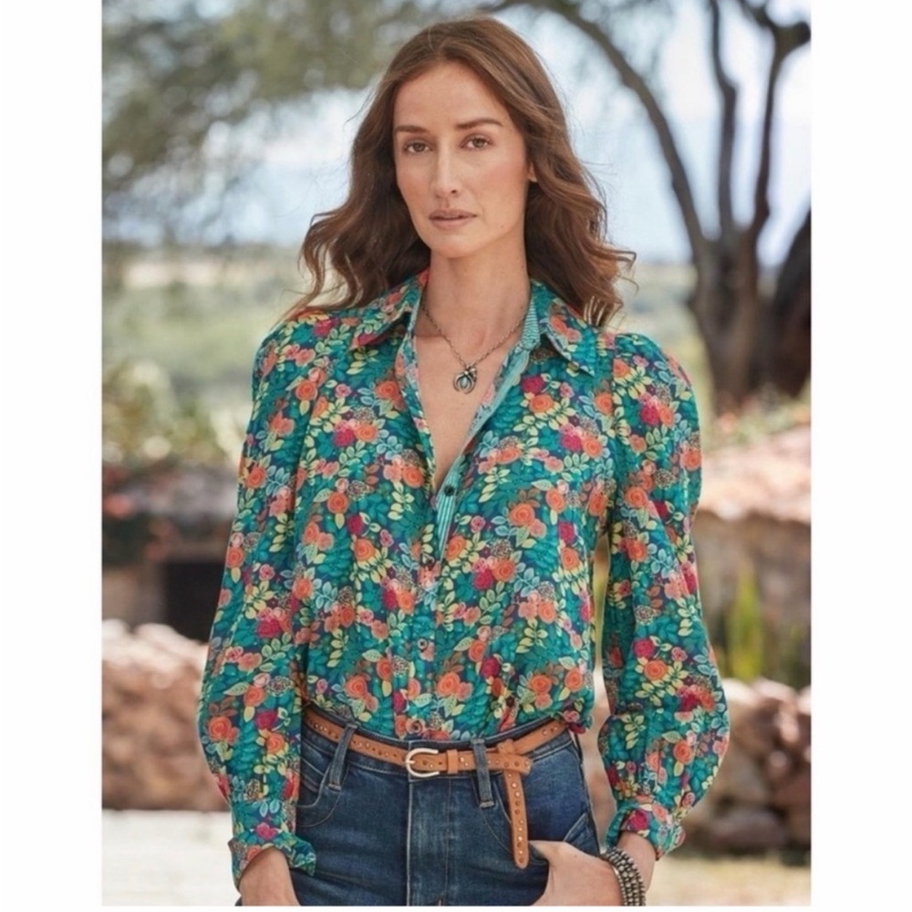 Sundance Rosie Vines Floral Puff Sleeve Button Front Shirt Size Large